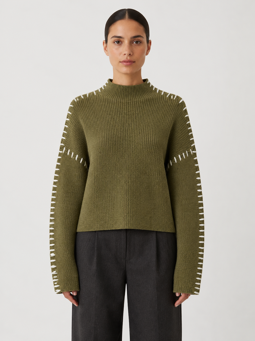 Women’s Oversized High-Neck Sweater with Contrast Stitching