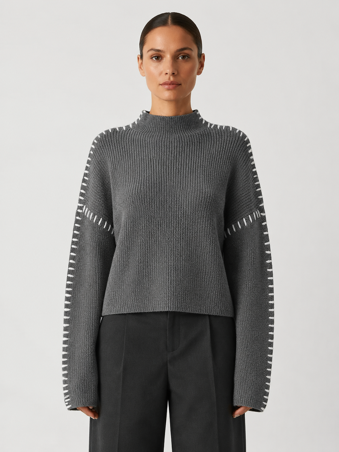 Women’s Oversized High-Neck Sweater with Contrast Stitching