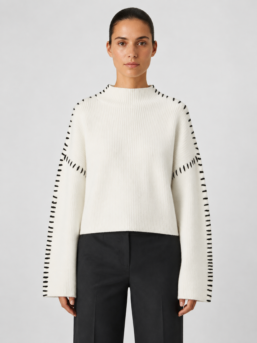 Women’s Oversized High-Neck Sweater with Contrast Stitching