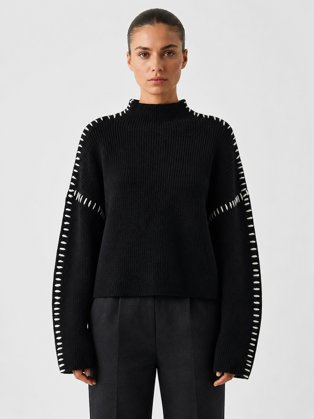 Women’s Oversized High-Neck Sweater with Contrast Stitching