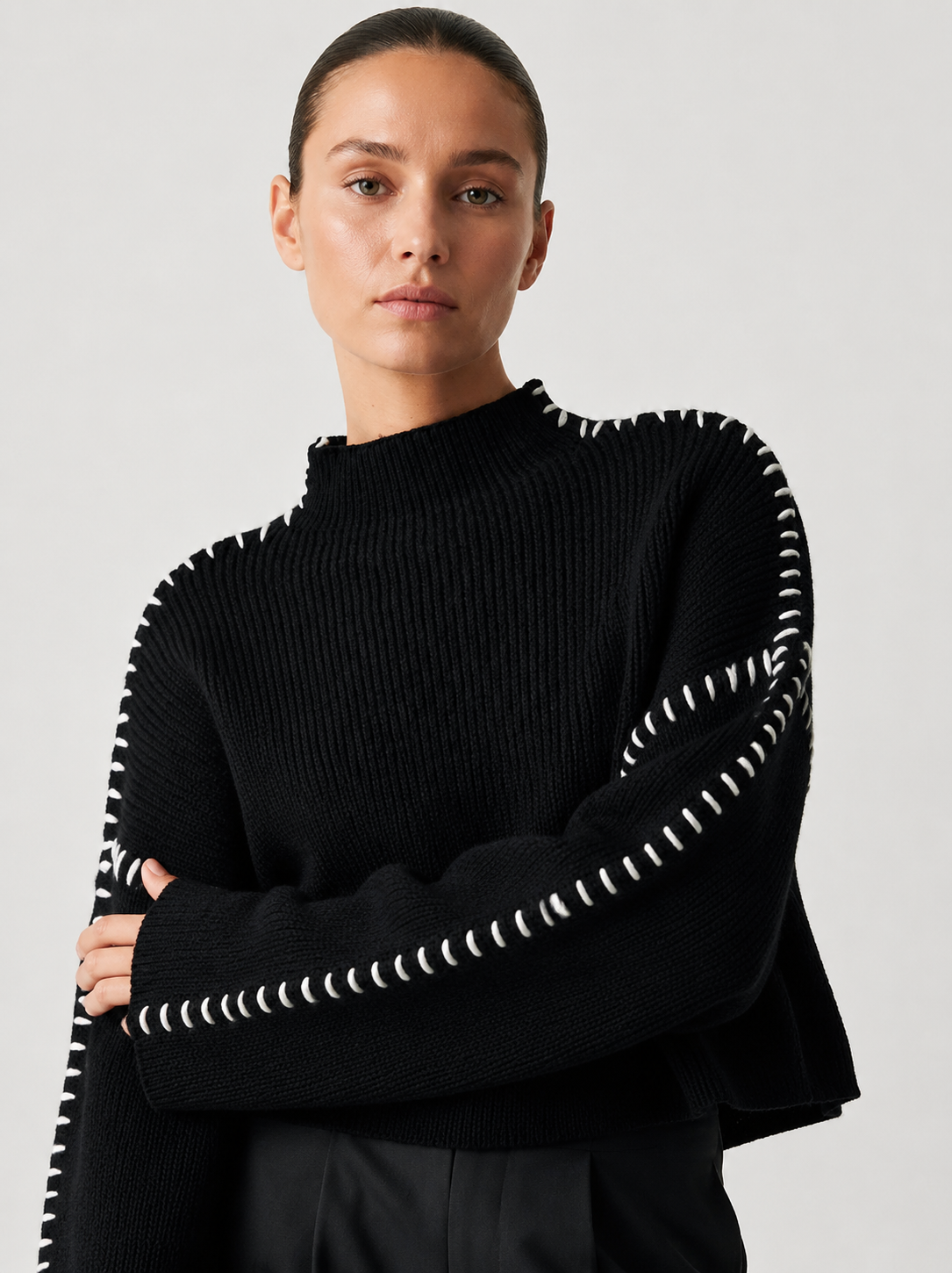 Women’s Oversized High-Neck Sweater with Contrast Stitching