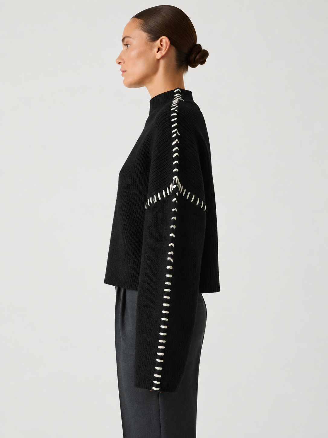 Women’s Oversized High-Neck Sweater with Contrast Stitching
