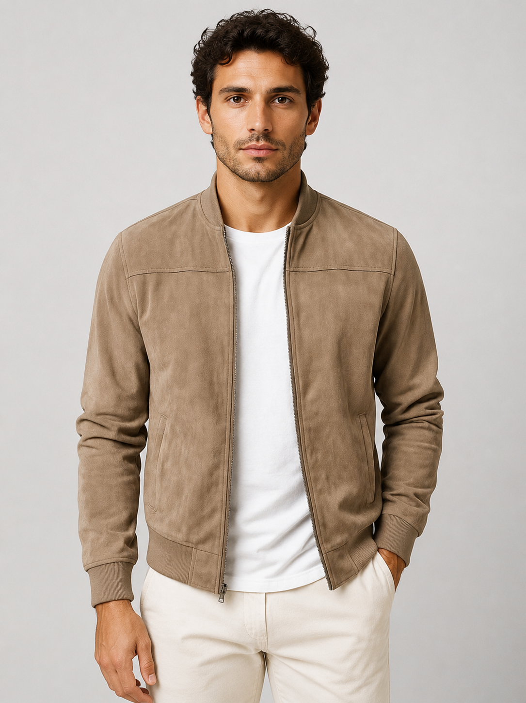 Men’s Bomber Jacket with Full Zip and Ribbed Trim