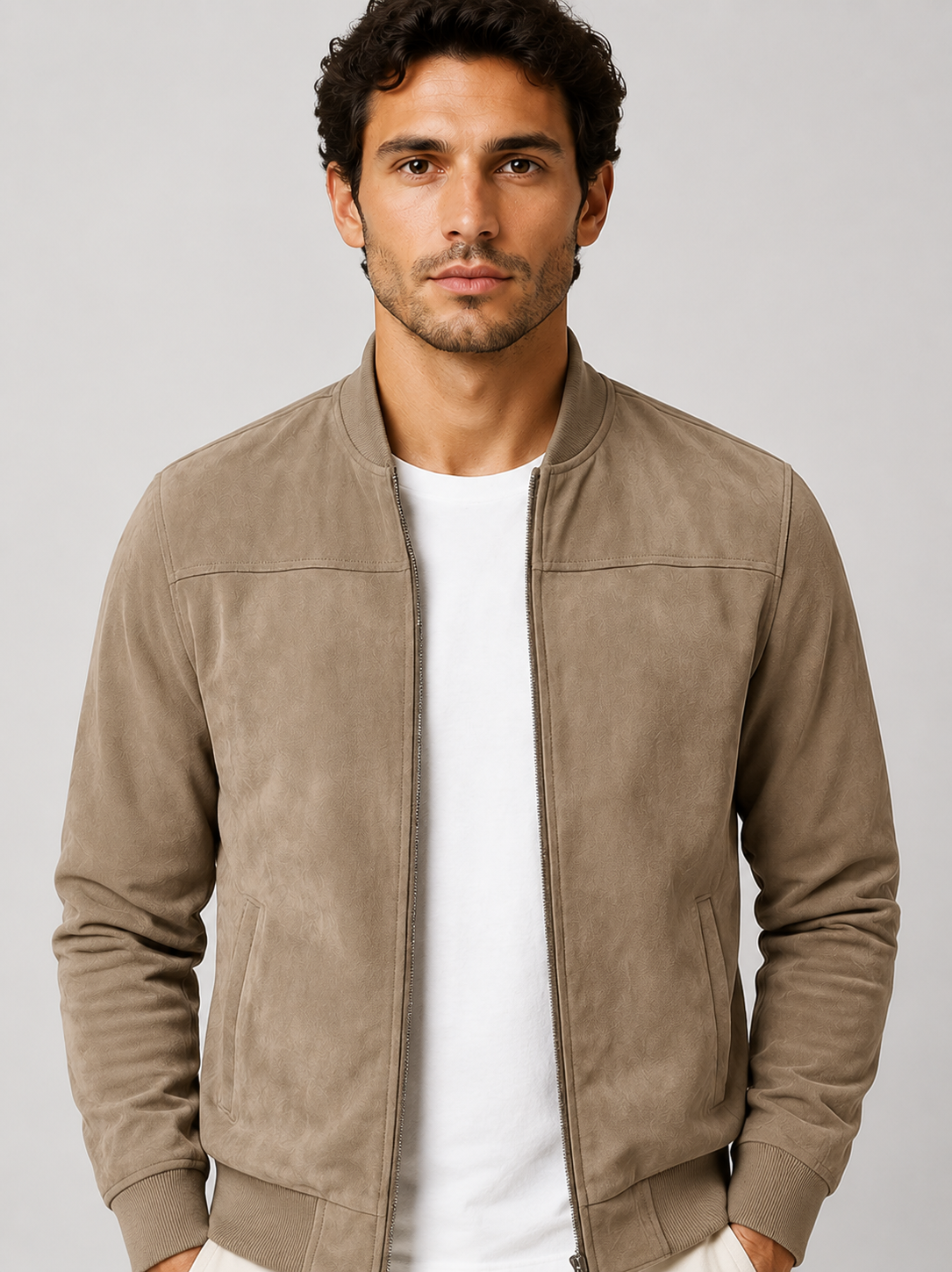 Men’s Bomber Jacket with Full Zip and Ribbed Trim