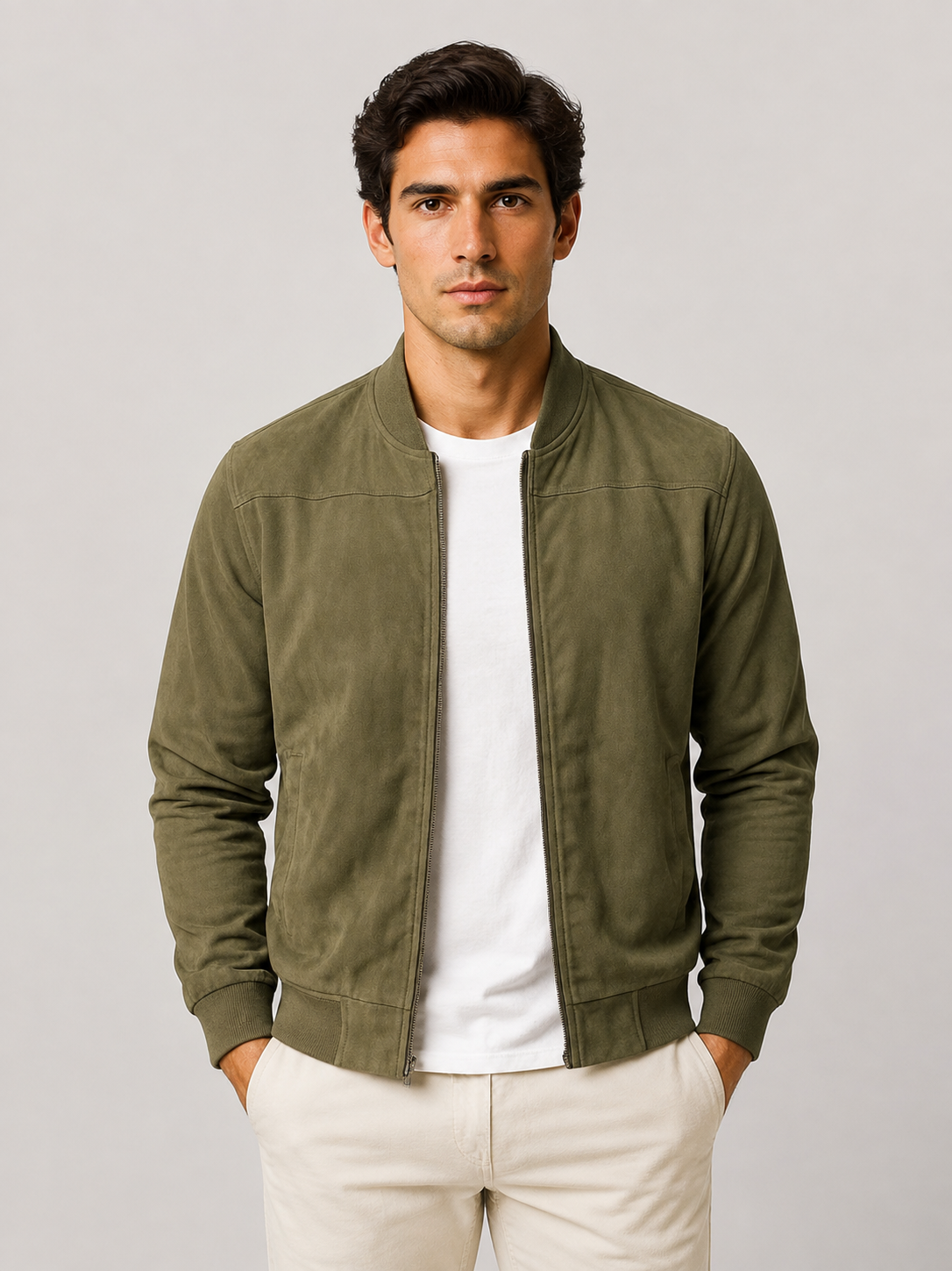 Men’s Bomber Jacket with Full Zip and Ribbed Trim
