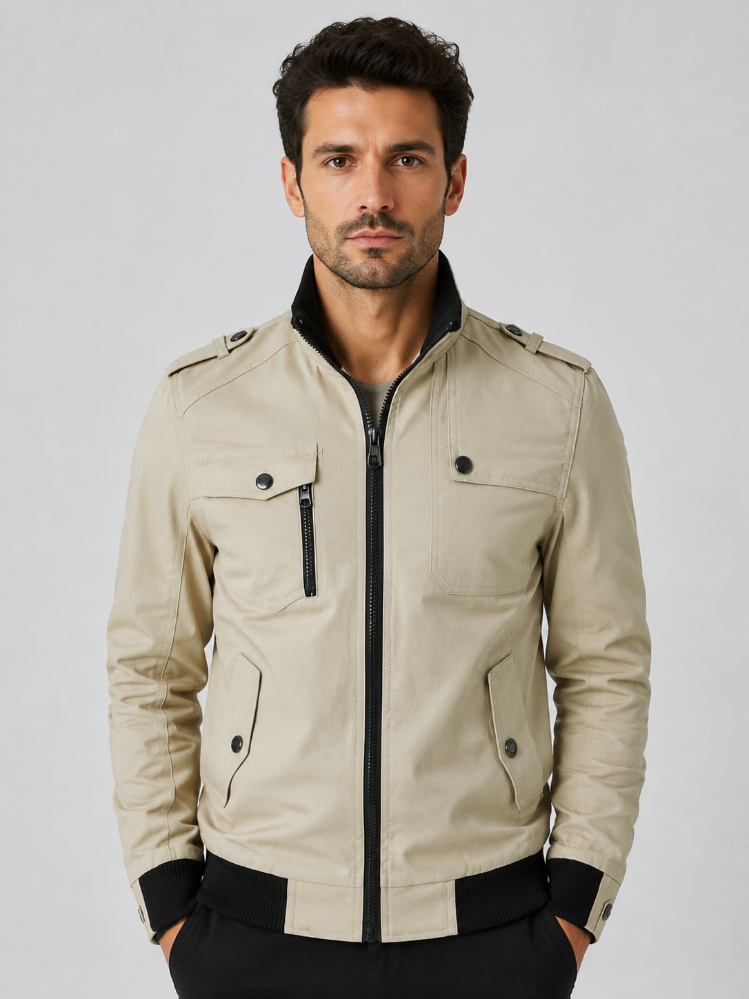 Men’s Bomber Jacket with Stand Collar and Ribbed Cuffs