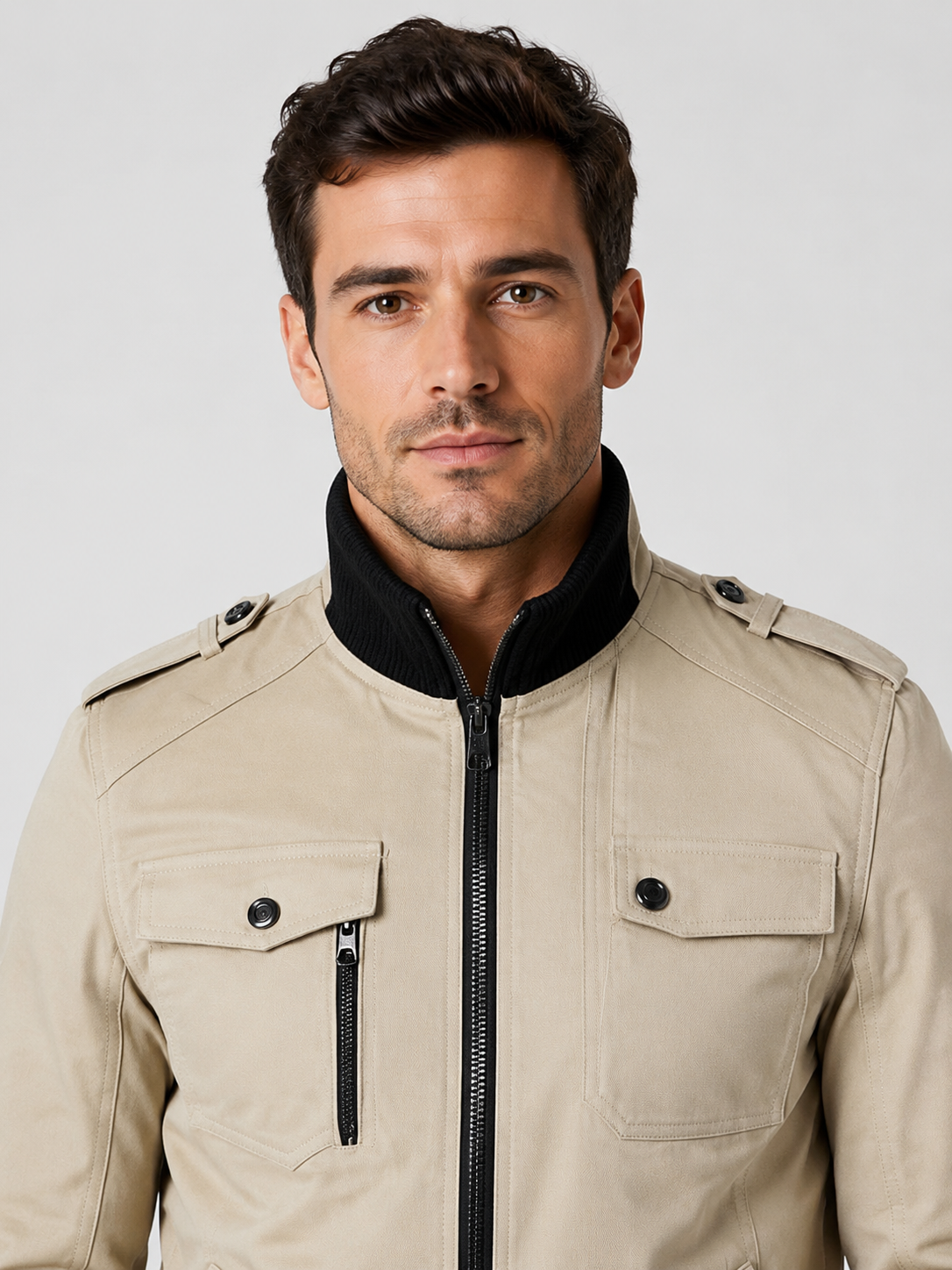 Men’s Bomber Jacket with Stand Collar and Ribbed Cuffs