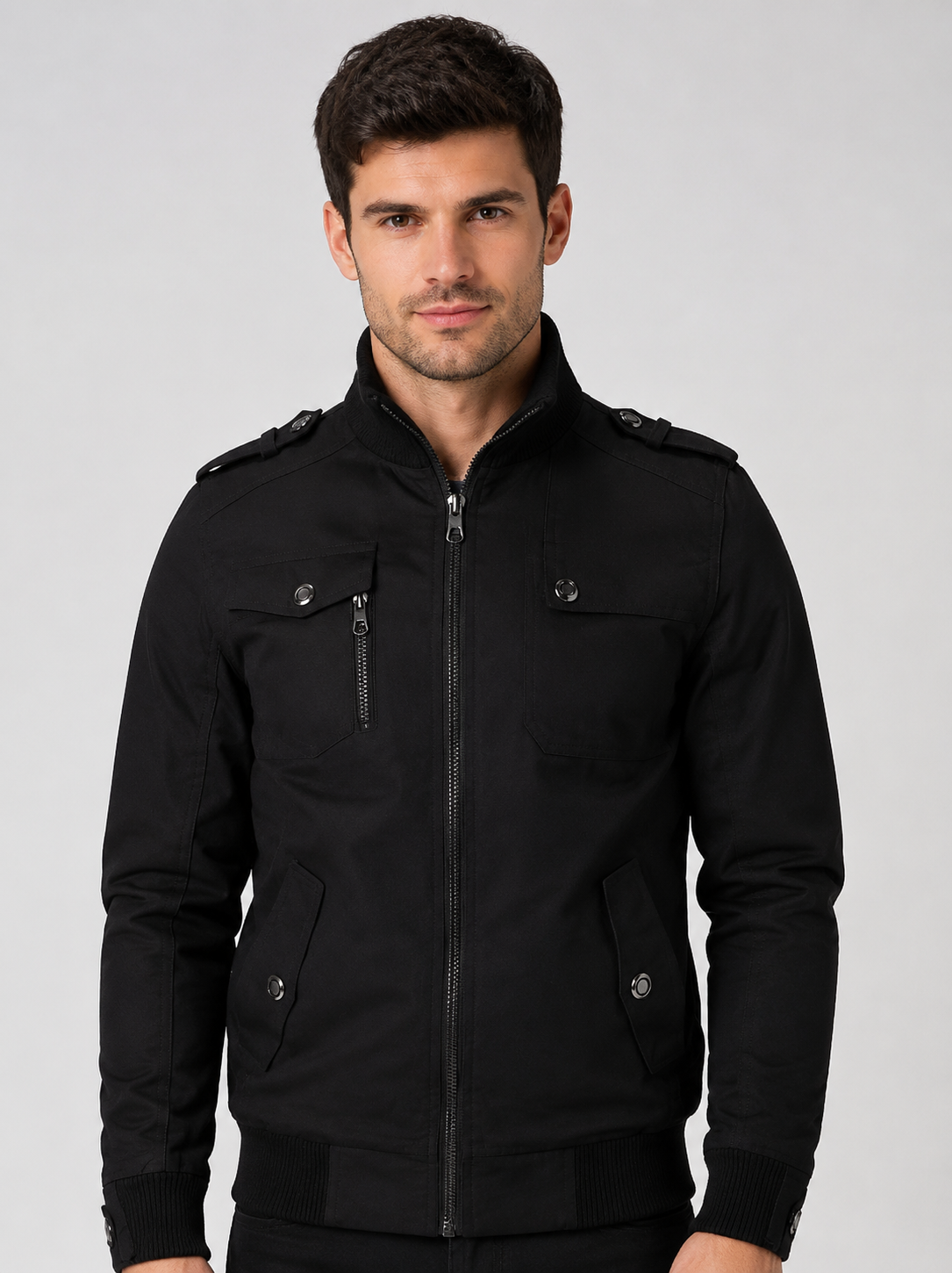 Men’s Bomber Jacket with Stand Collar and Ribbed Cuffs