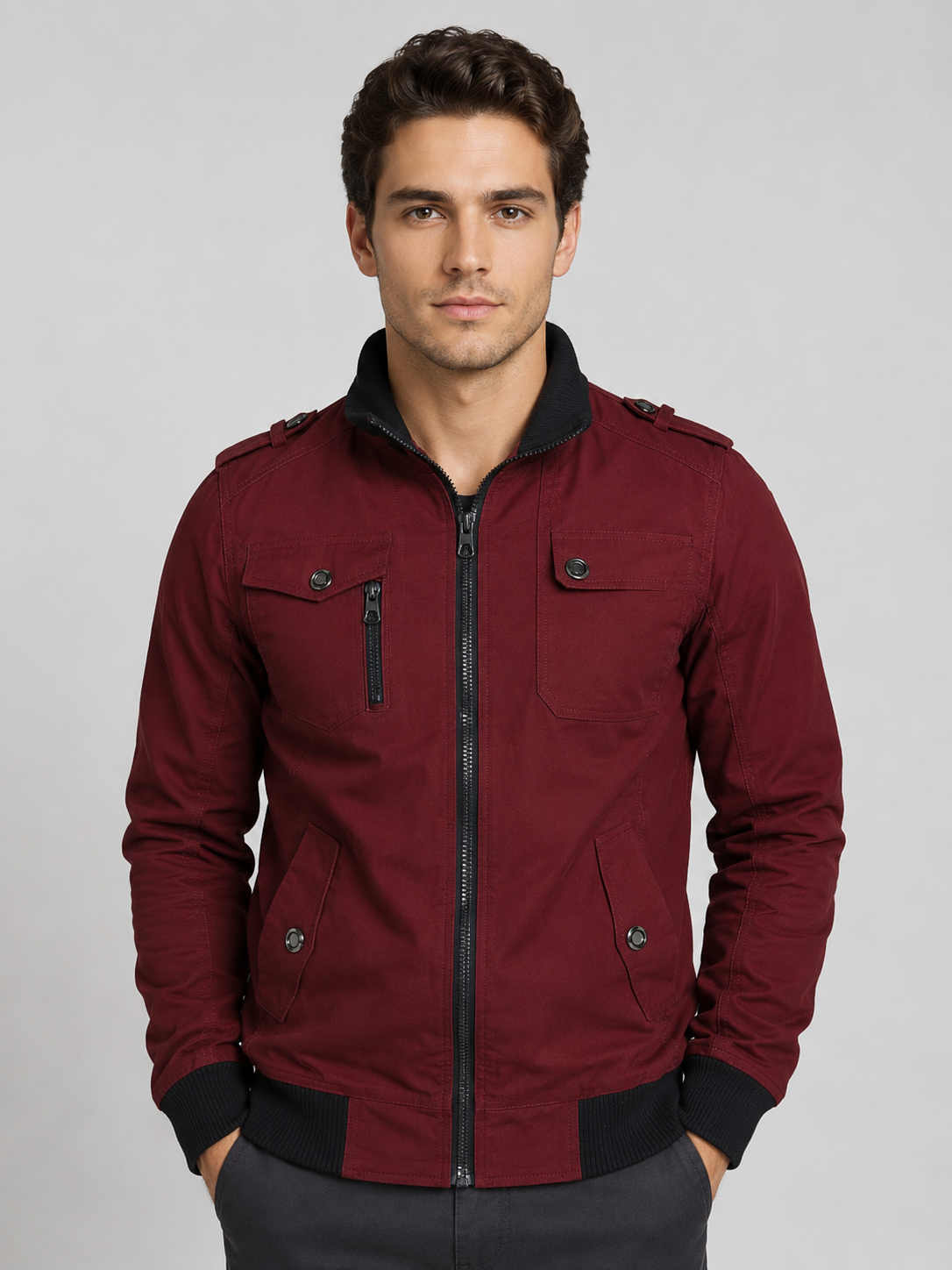 Men’s Bomber Jacket with Stand Collar and Ribbed Cuffs