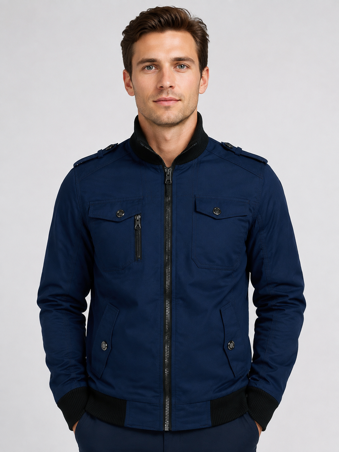 Men’s Bomber Jacket with Stand Collar and Ribbed Cuffs