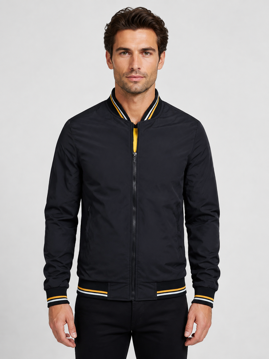 Men’s Bomber Jacket with Striped Ribbed Trim