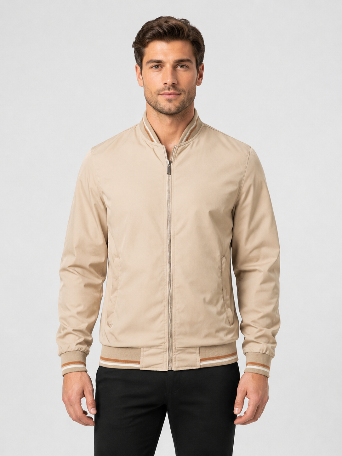 Men’s Bomber Jacket with Striped Ribbed Trim