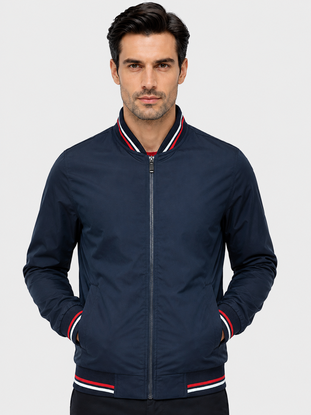 Men’s Bomber Jacket with Striped Ribbed Trim