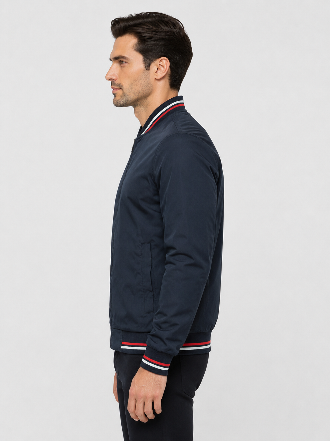 Men’s Bomber Jacket with Striped Ribbed Trim