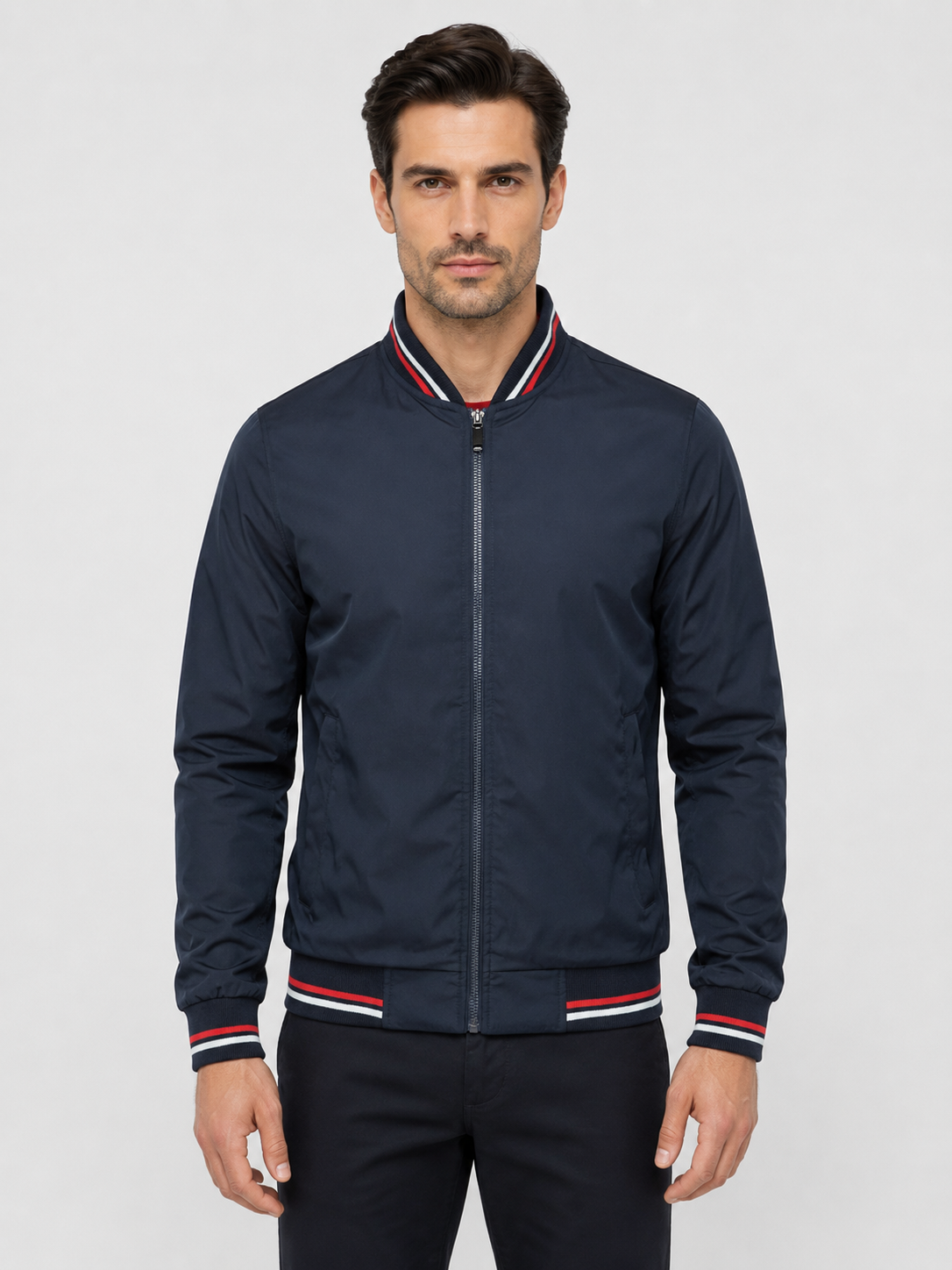 Men’s Bomber Jacket with Striped Ribbed Trim
