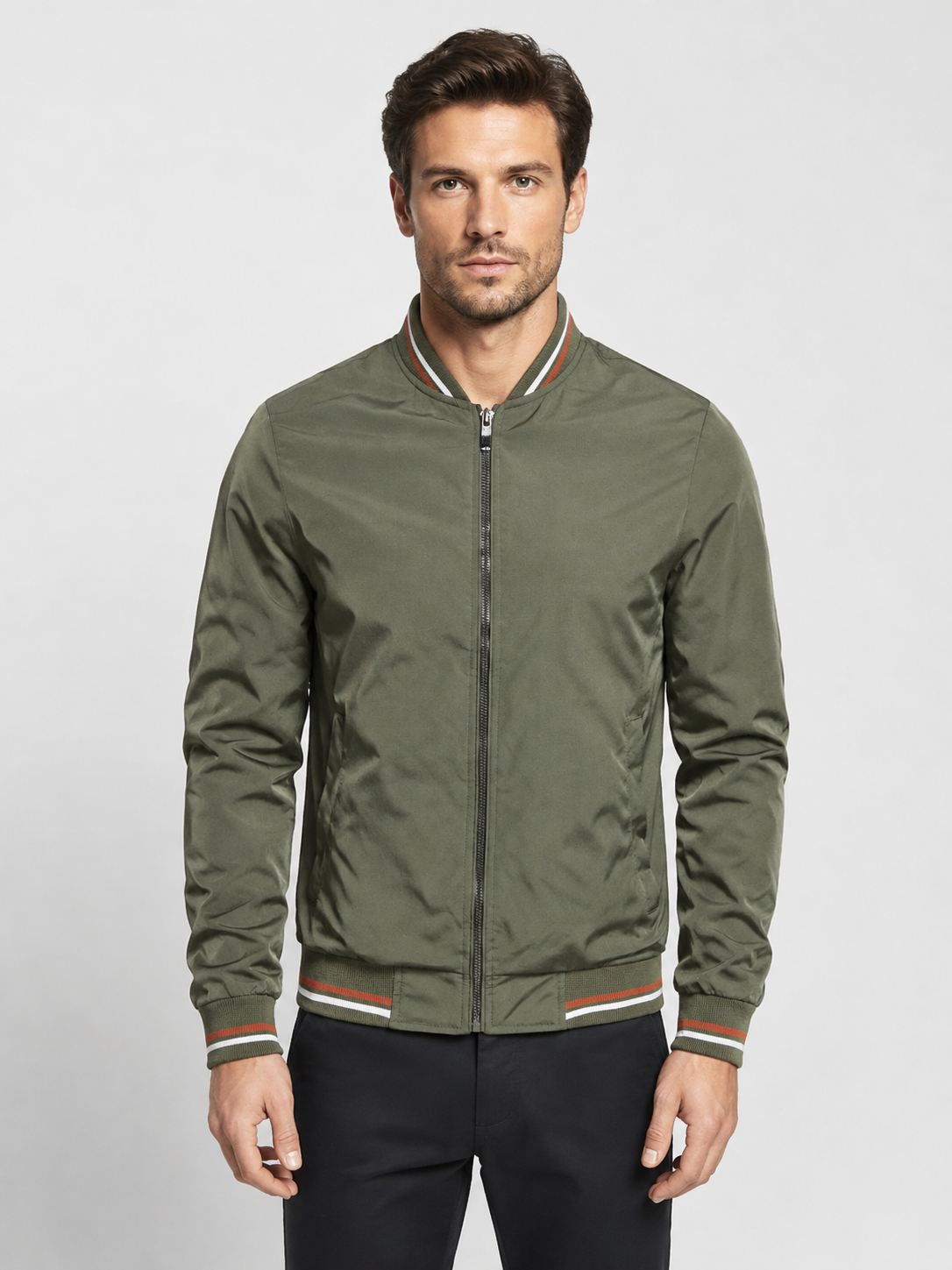 Men’s Bomber Jacket with Striped Ribbed Trim
