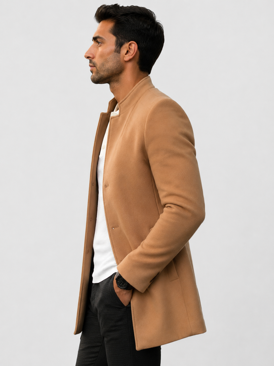 Men’s Collarless Open-Front Coat with Side Pockets