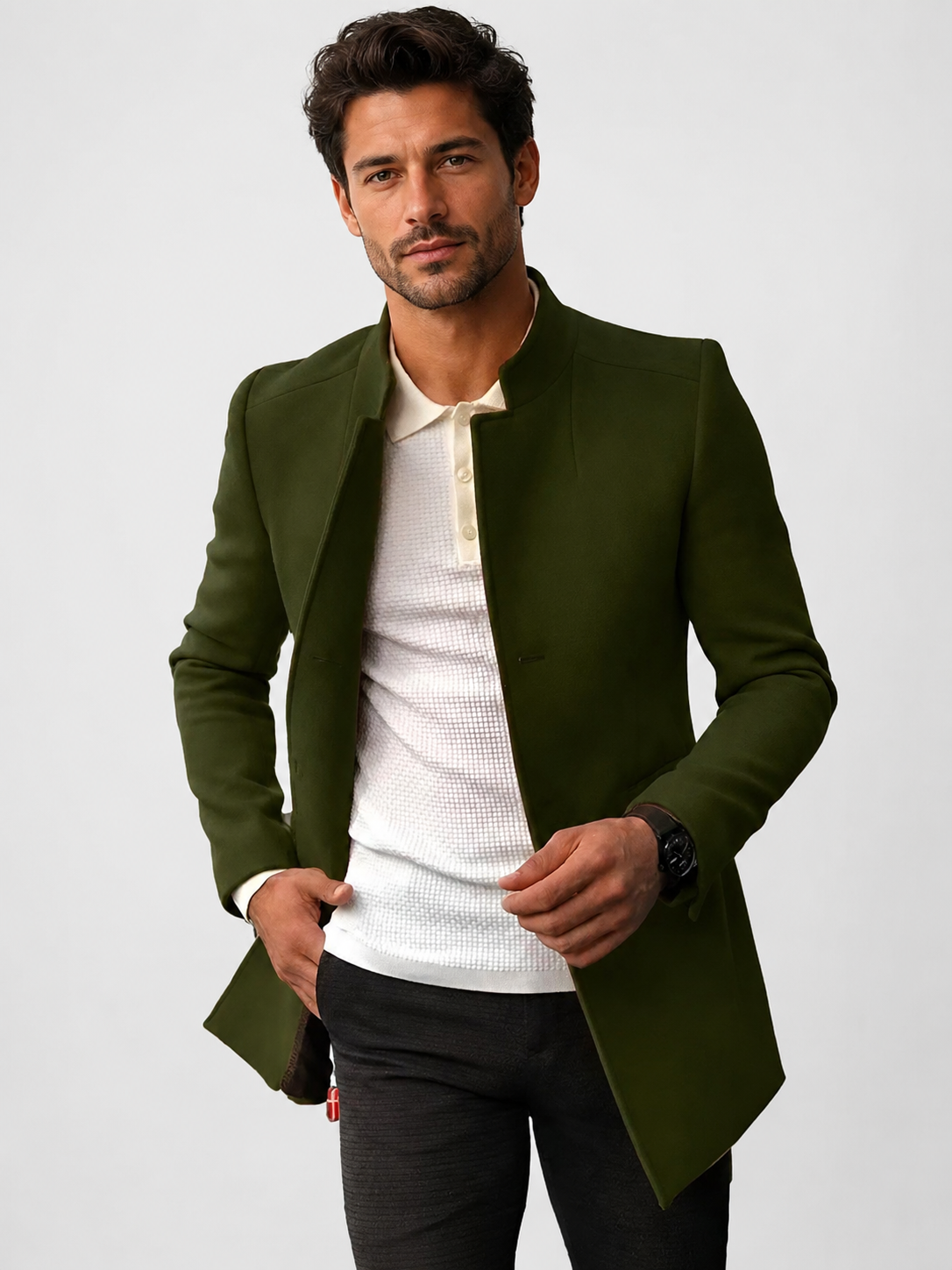 Men’s Collarless Open-Front Coat with Side Pockets