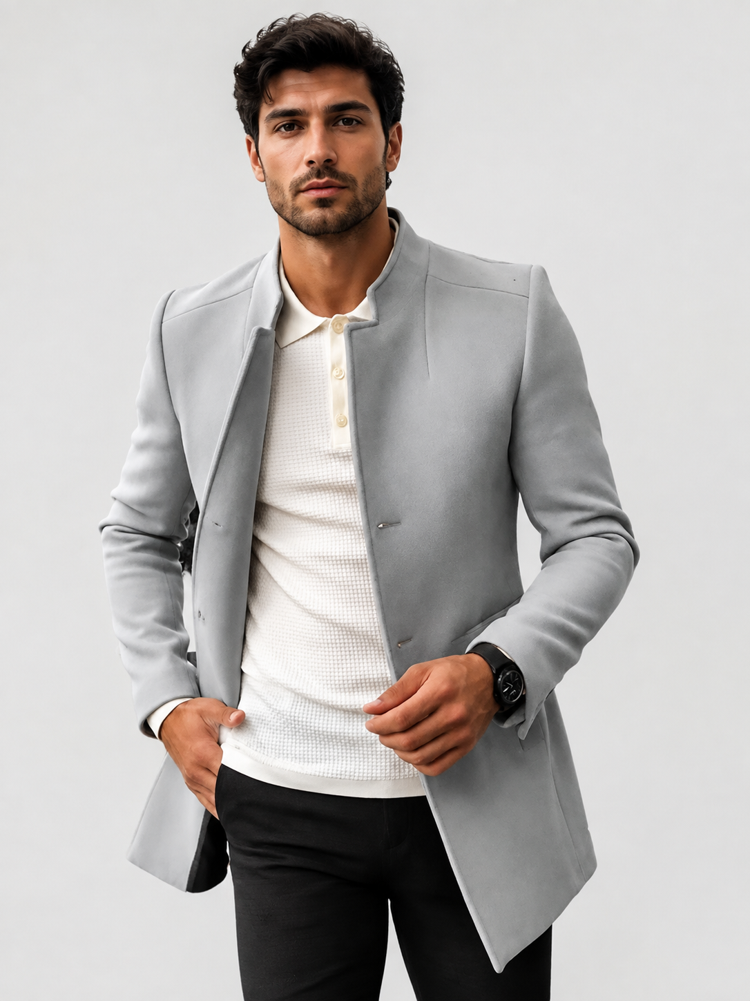 Men’s Collarless Open-Front Coat with Side Pockets