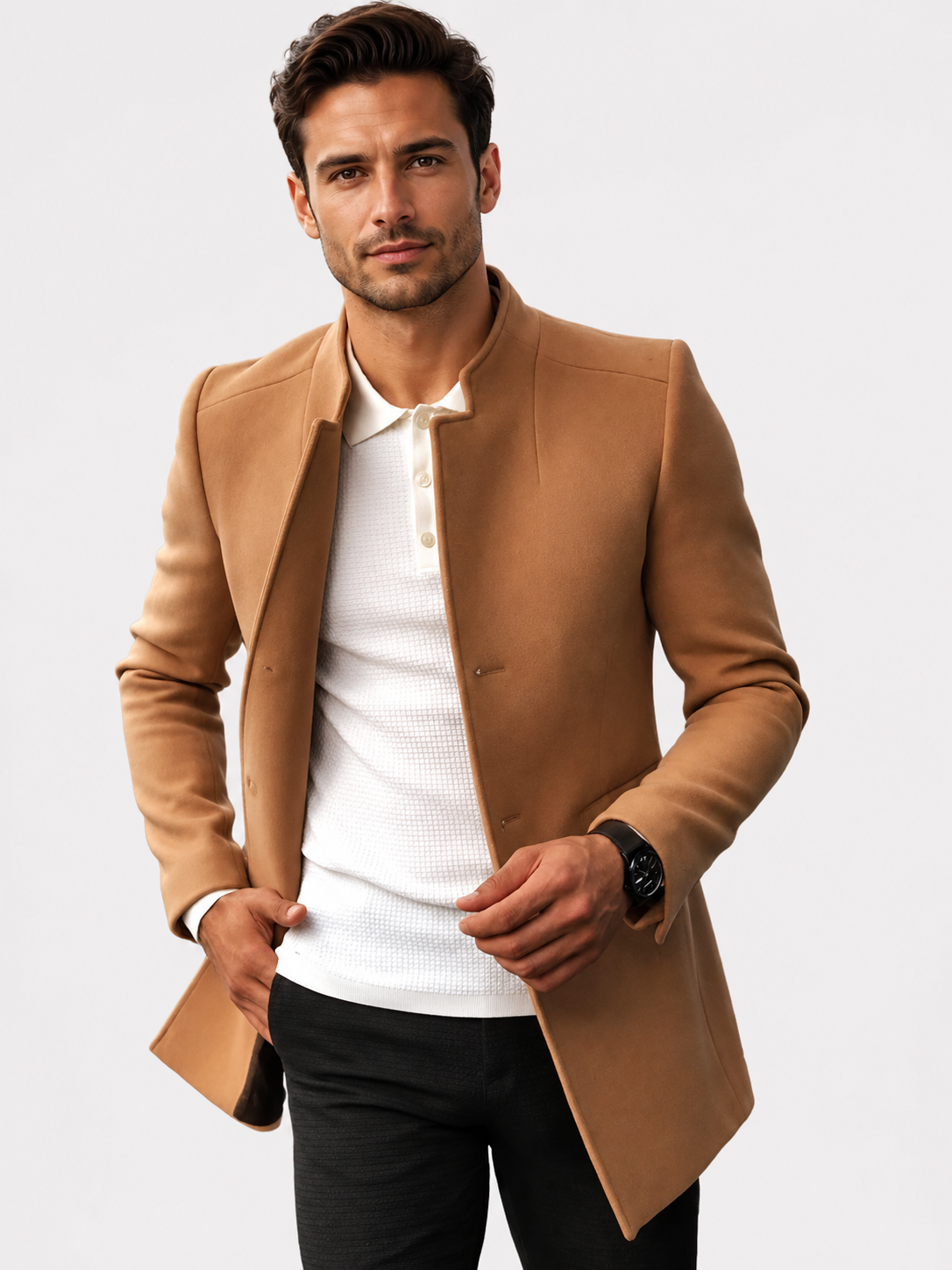 Men’s Collarless Open-Front Coat with Side Pockets
