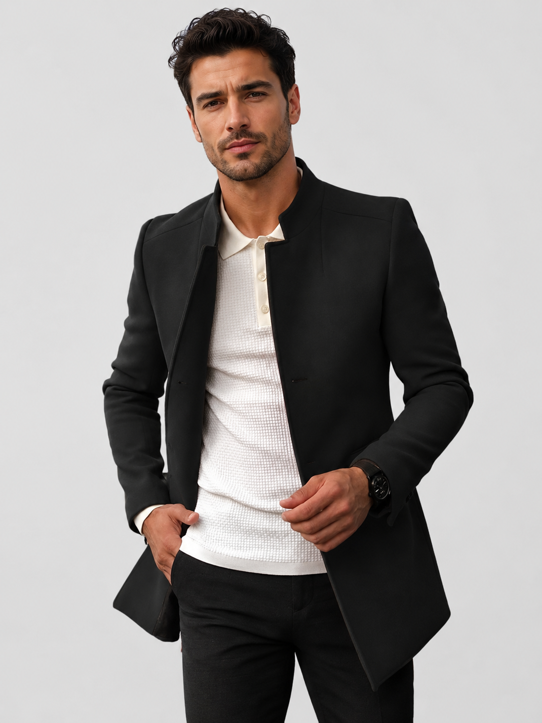 Men’s Collarless Open-Front Coat with Side Pockets