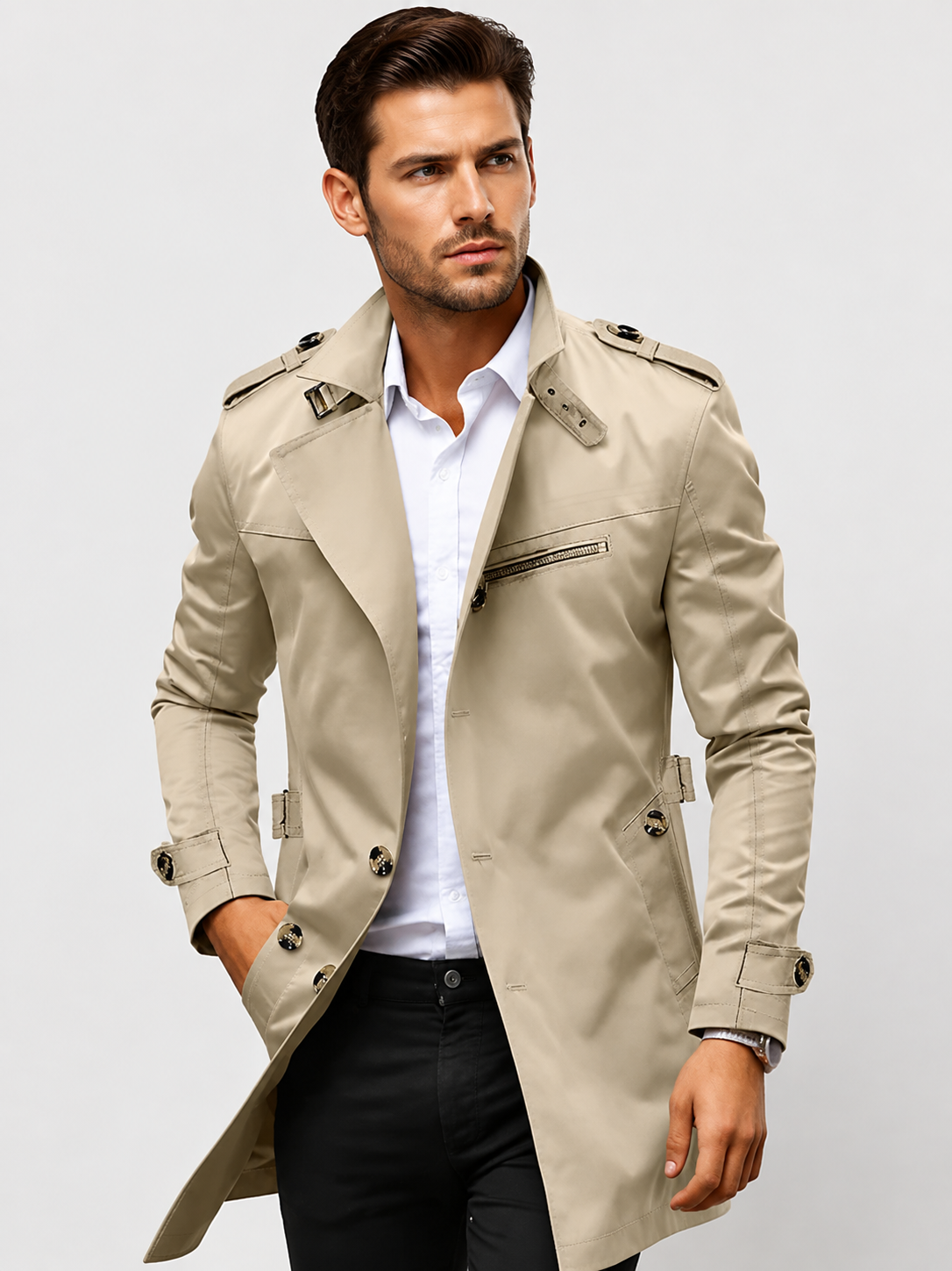 Men’s Double-Breasted Coat with Epaulettes
