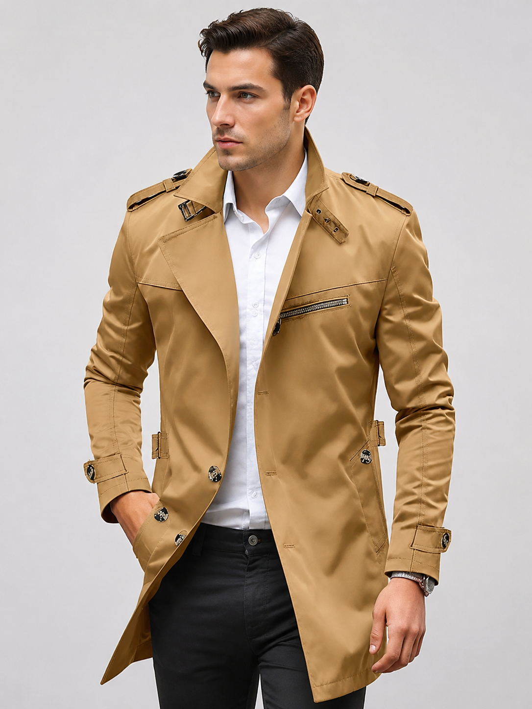 Men’s Double-Breasted Coat with Epaulettes