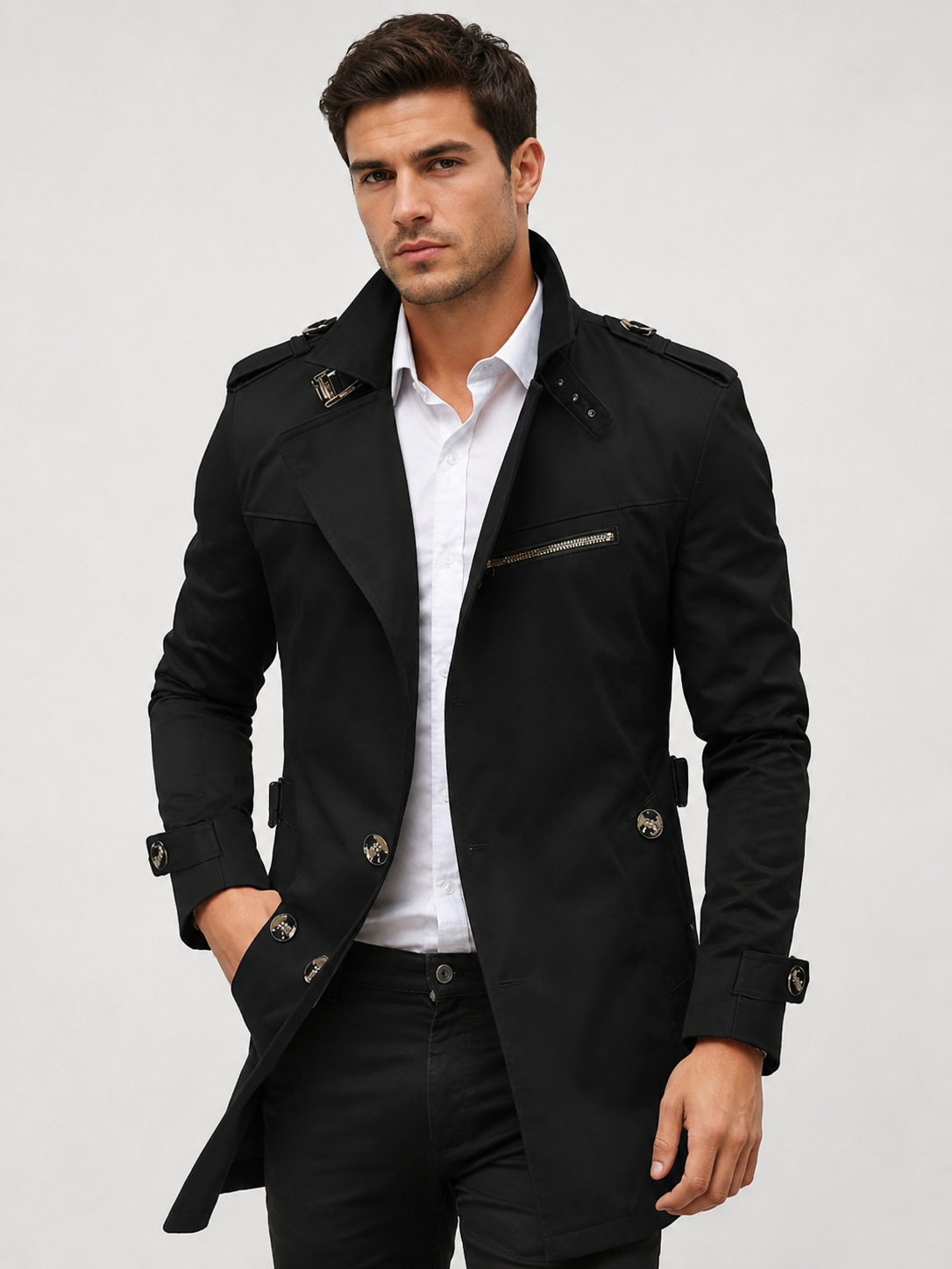 Men’s Double-Breasted Coat with Epaulettes