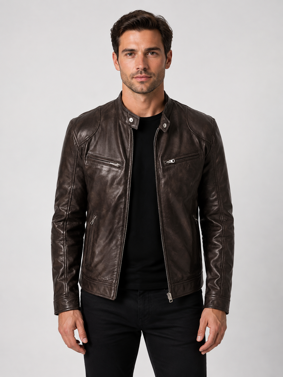 Men’s Quilted Moto Jacket with Stand Collar