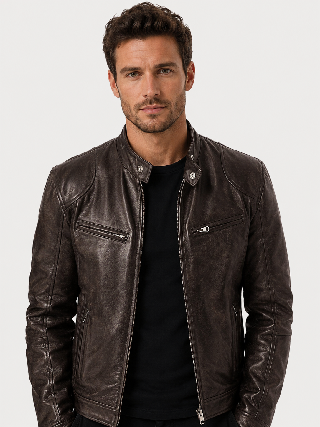 Men’s Quilted Moto Jacket with Stand Collar