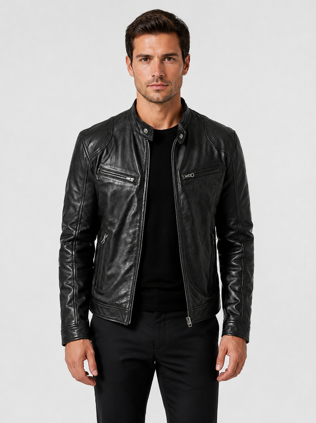 Men’s Quilted Moto Jacket with Stand Collar