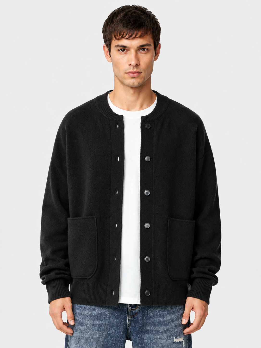 Men’s Textured Cardigan with Button Front and Long Sleeves