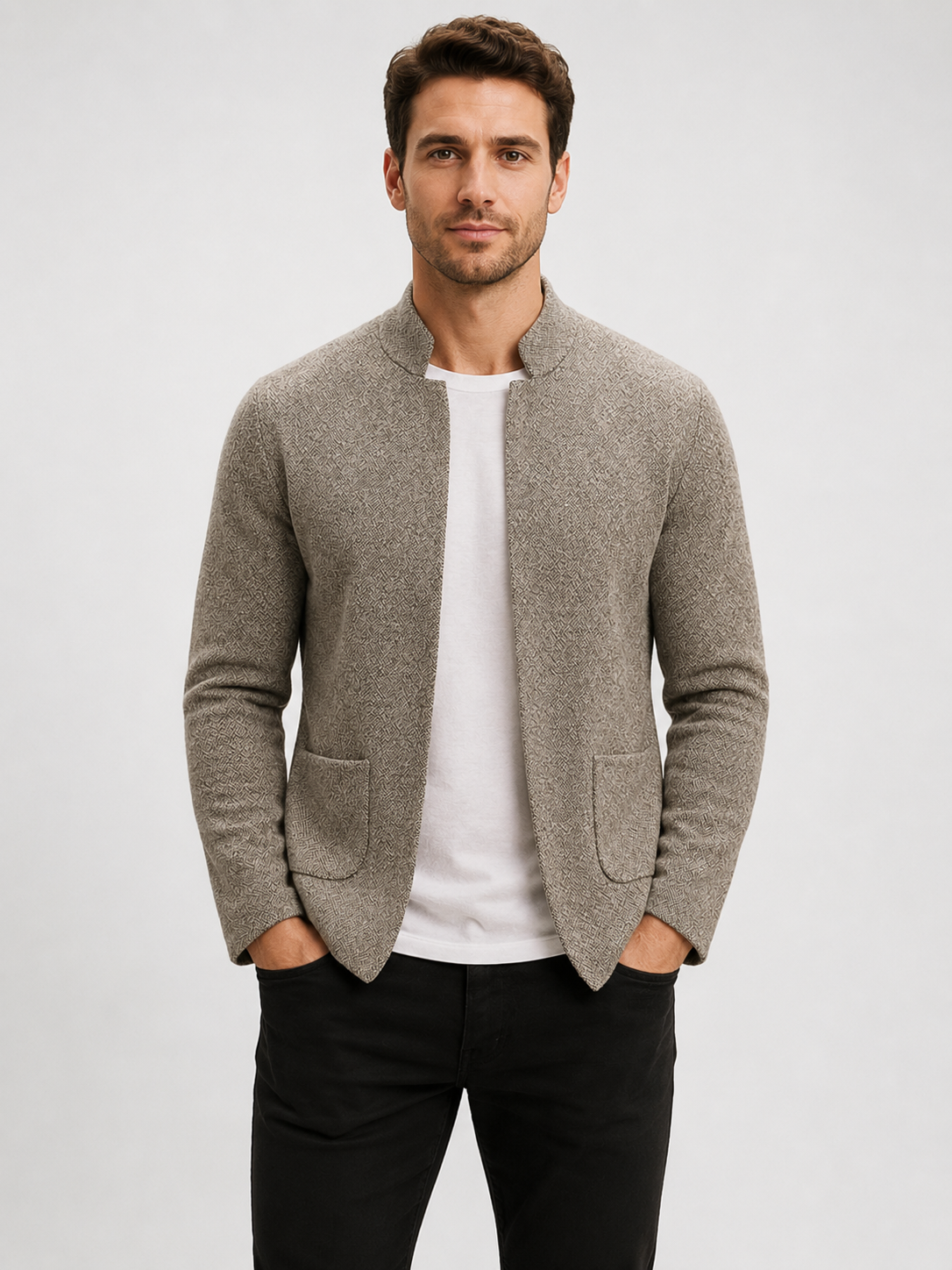 Men’s Textured Knit Cardigan with Stand Collar