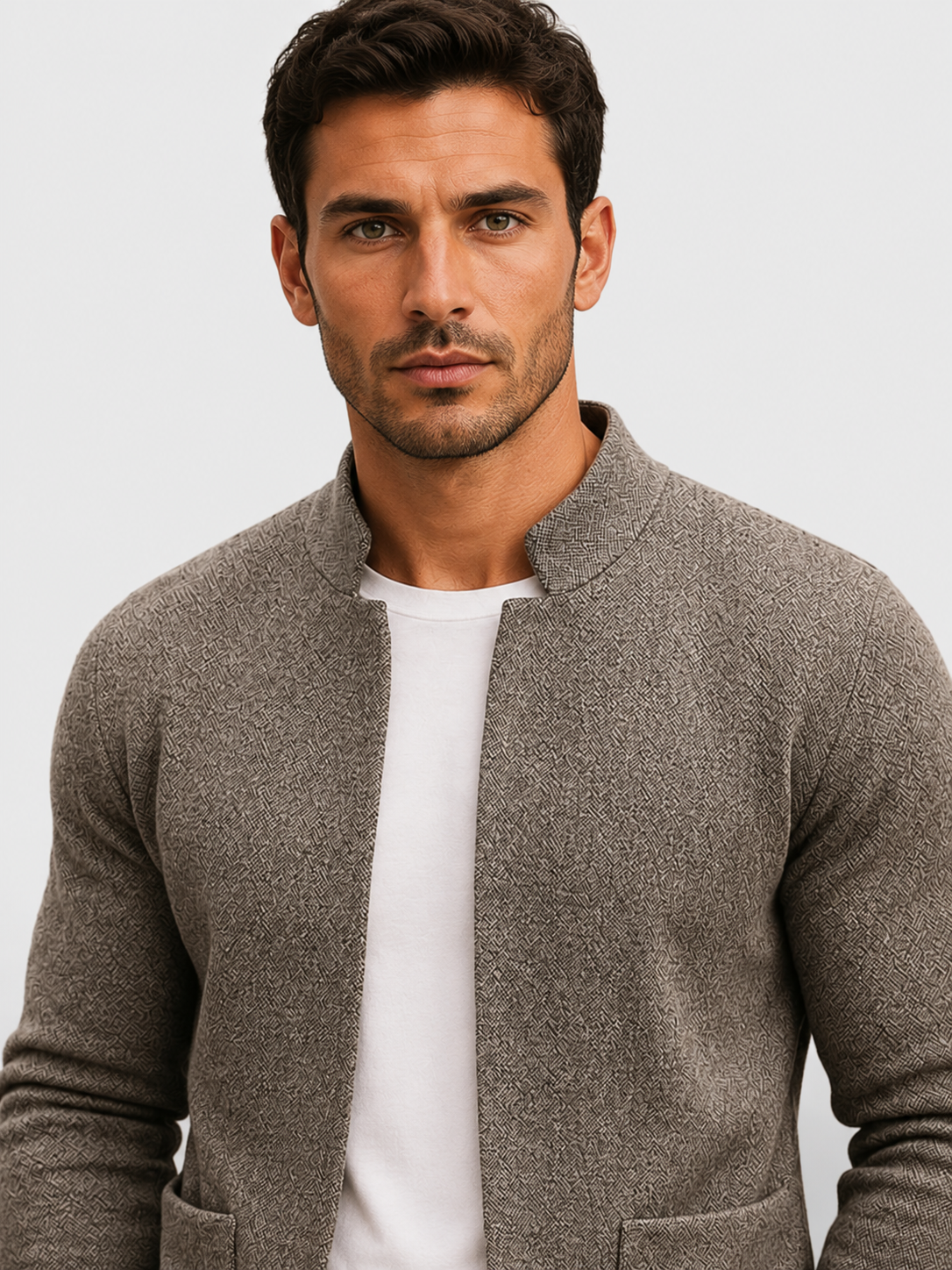 Men’s Textured Knit Cardigan with Stand Collar
