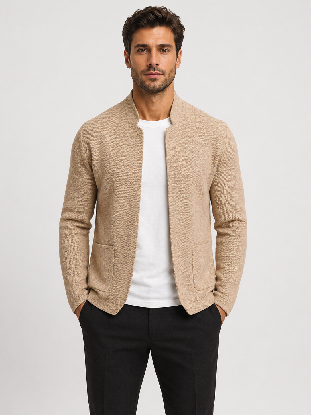 Men’s Textured Knit Cardigan with Stand Collar