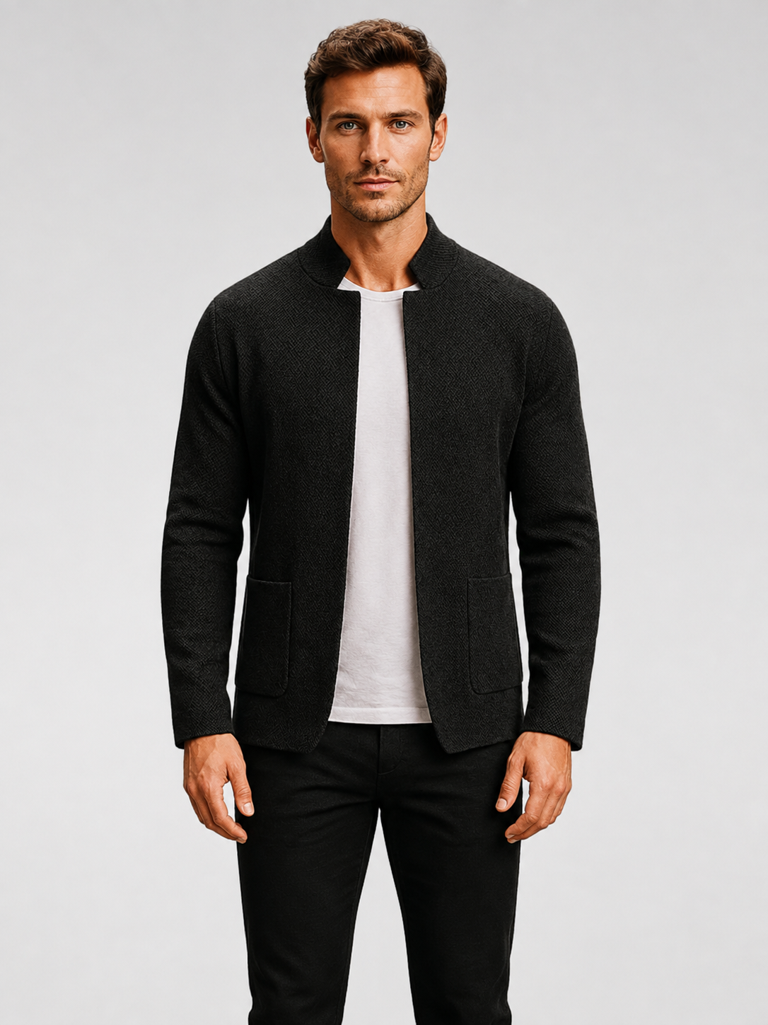 Men’s Textured Knit Cardigan with Stand Collar