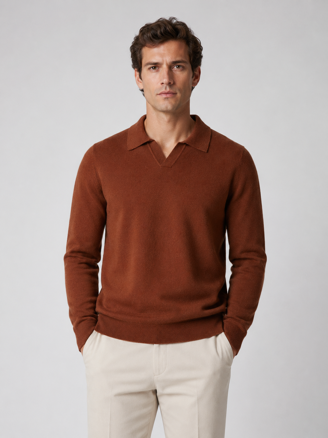 Men’s Buttonless Polo Collar Knit Sweater with Long Sleeves