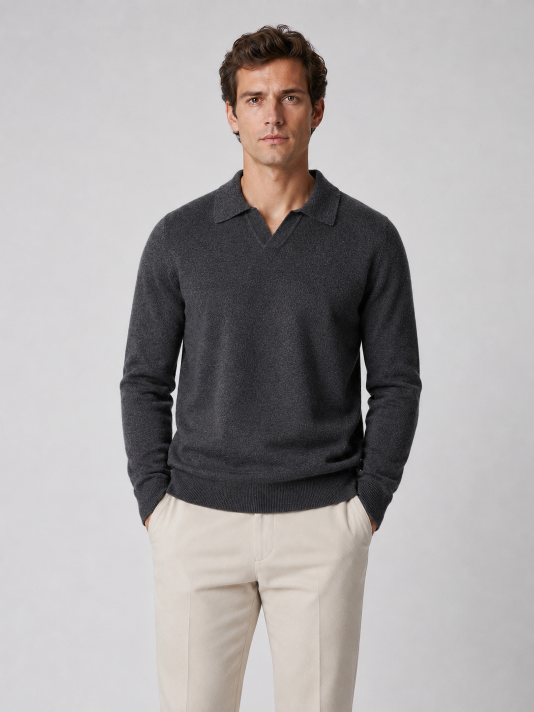 Men’s Buttonless Polo Collar Knit Sweater with Long Sleeves
