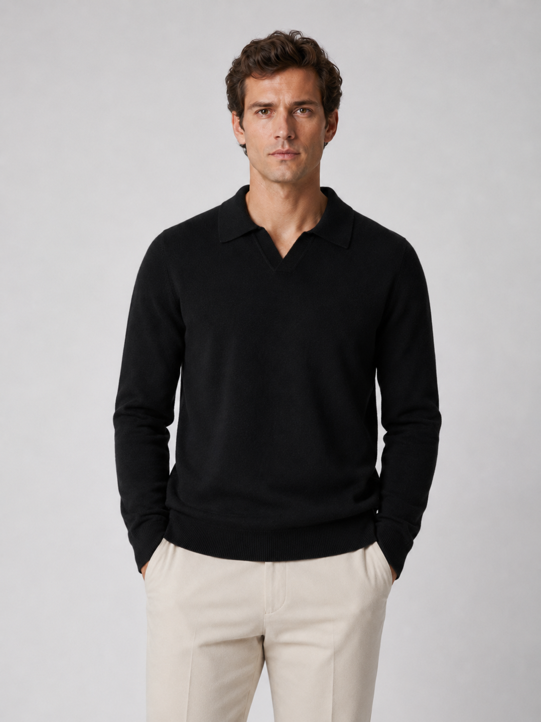 Men’s Buttonless Polo Collar Knit Sweater with Long Sleeves