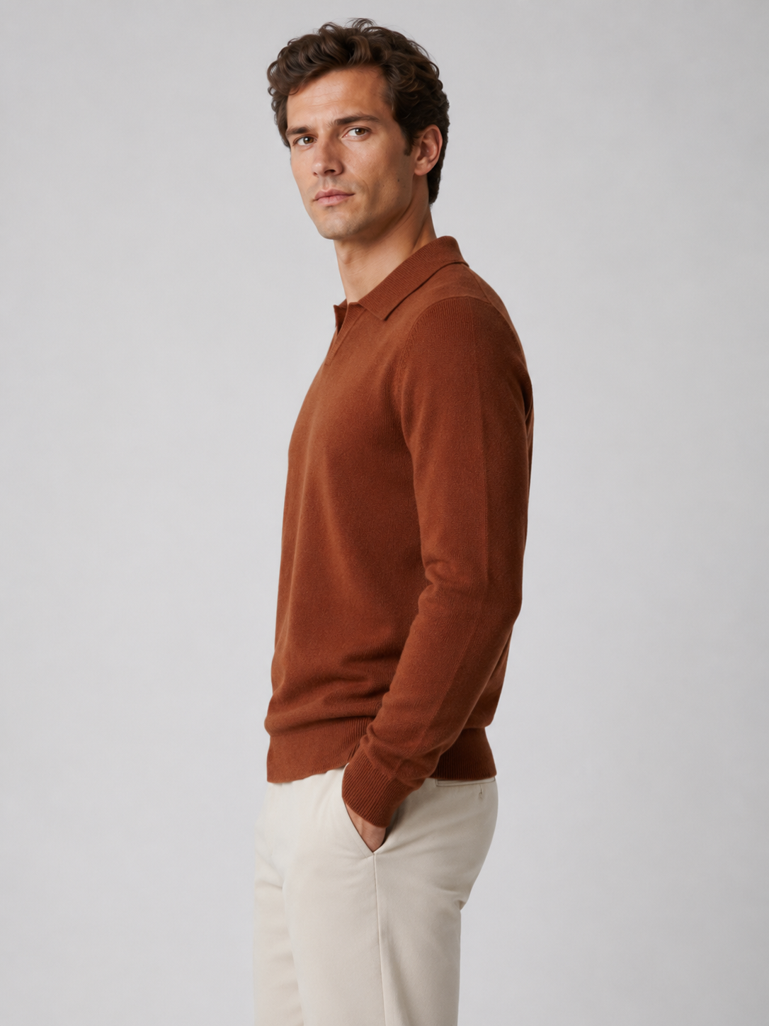 Men’s Buttonless Polo Collar Knit Sweater with Long Sleeves