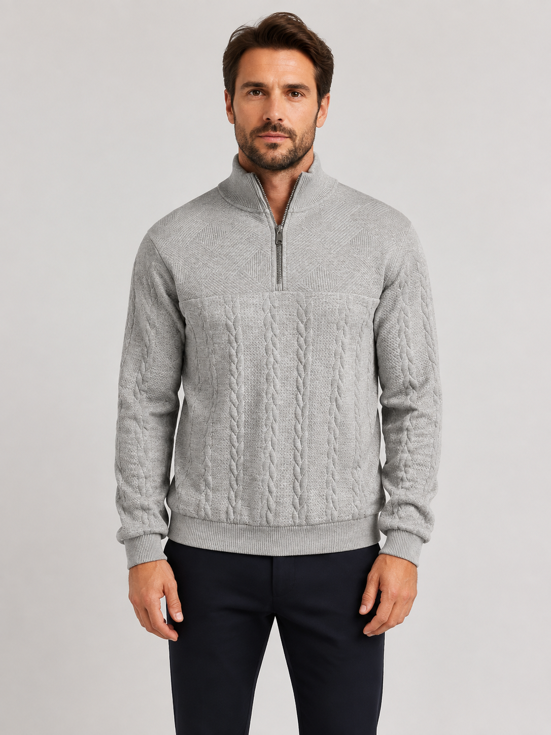 Men’s Cable-Knit Sweater with Quarter-Zip Collar