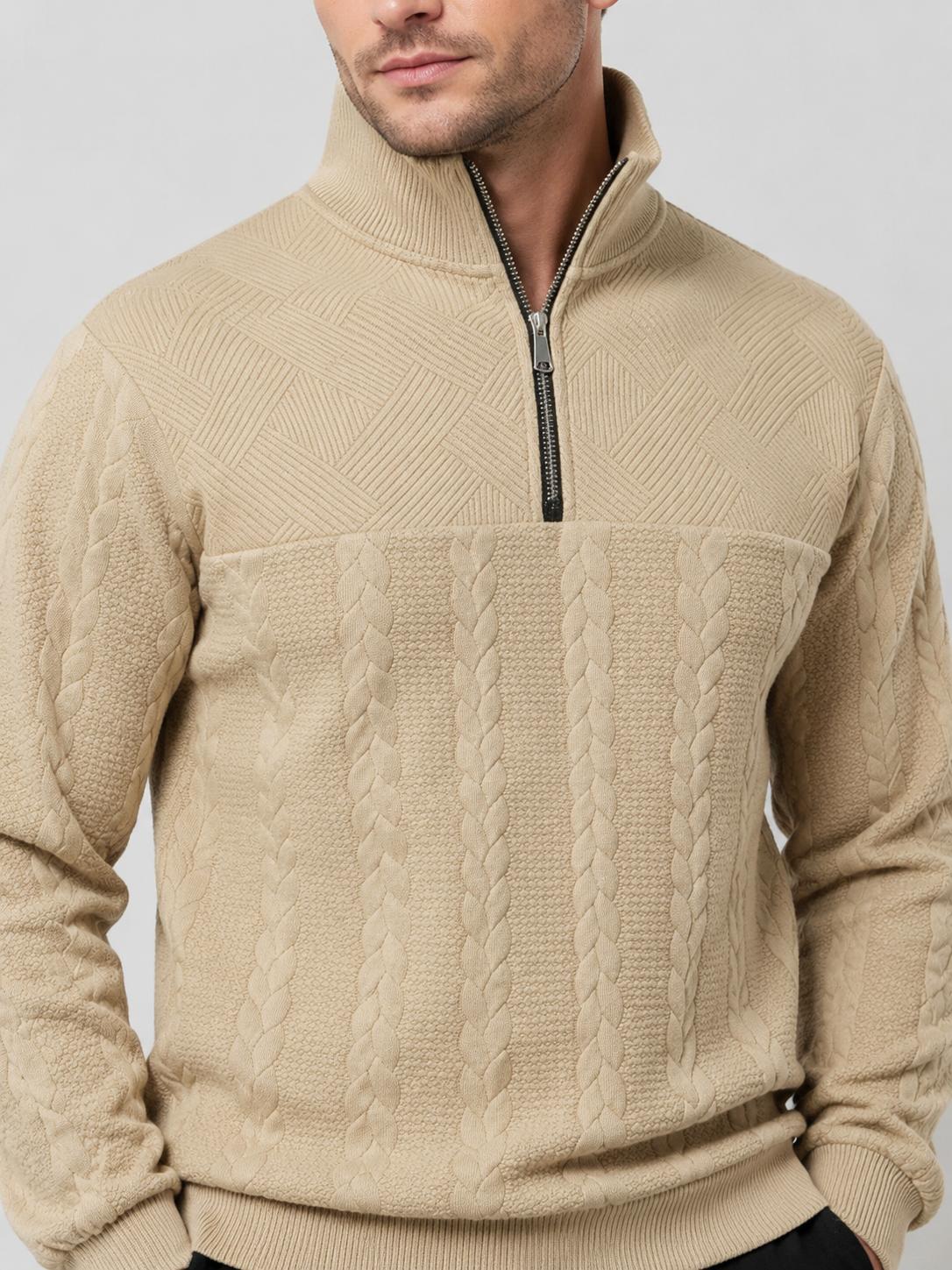 Men’s Cable-Knit Sweater with Quarter-Zip Collar