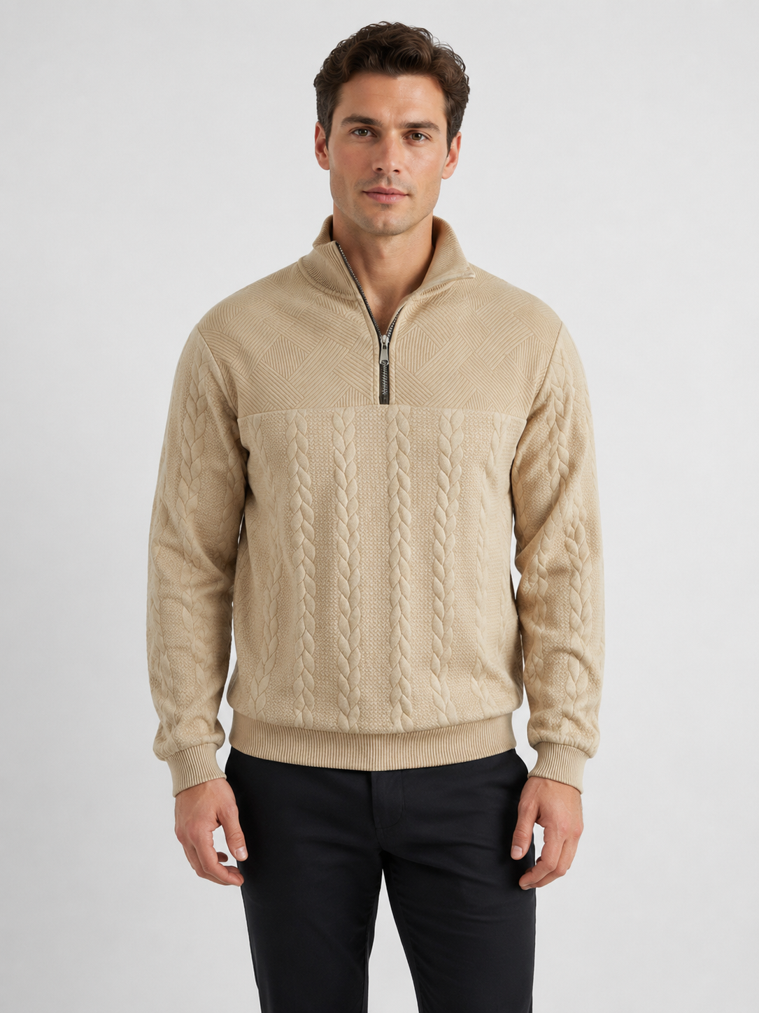 Men’s Cable-Knit Sweater with Quarter-Zip Collar