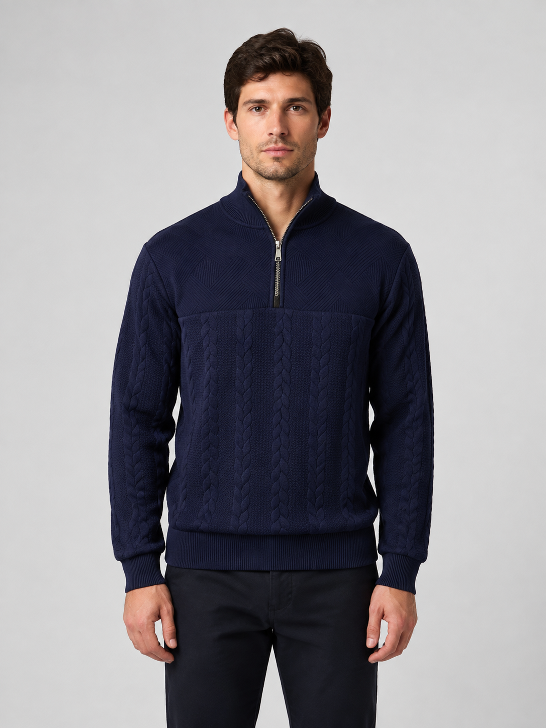Men’s Cable-Knit Sweater with Quarter-Zip Collar