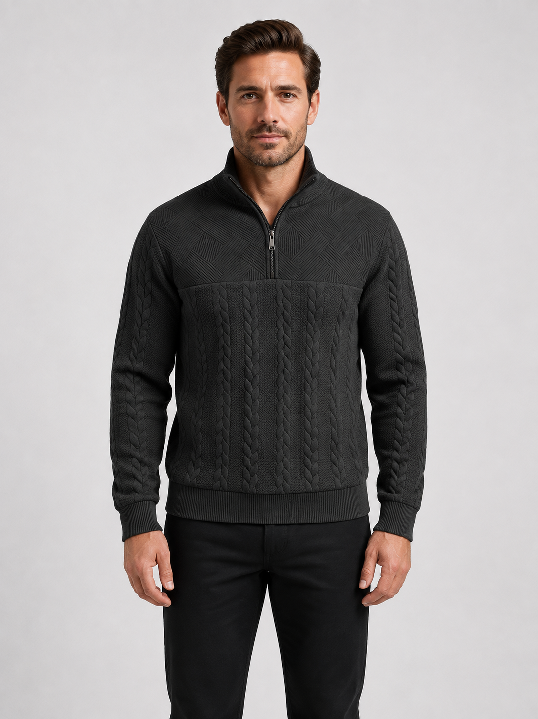 Men’s Cable-Knit Sweater with Quarter-Zip Collar