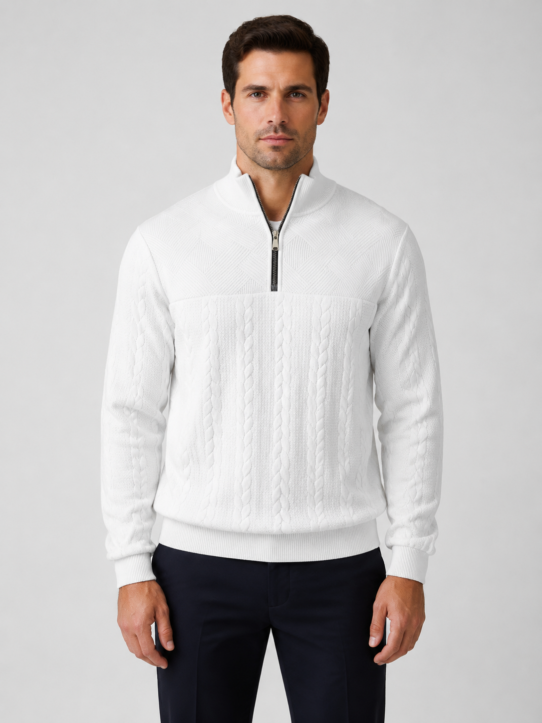 Men’s Cable-Knit Sweater with Quarter-Zip Collar