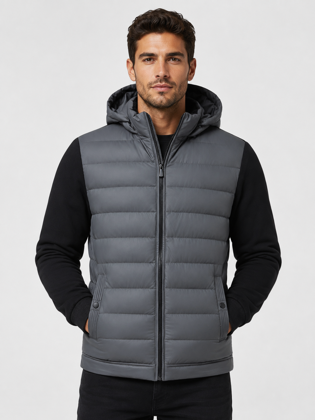 Men’s Hybrid Puffer Jacket with Hood and Full Zip