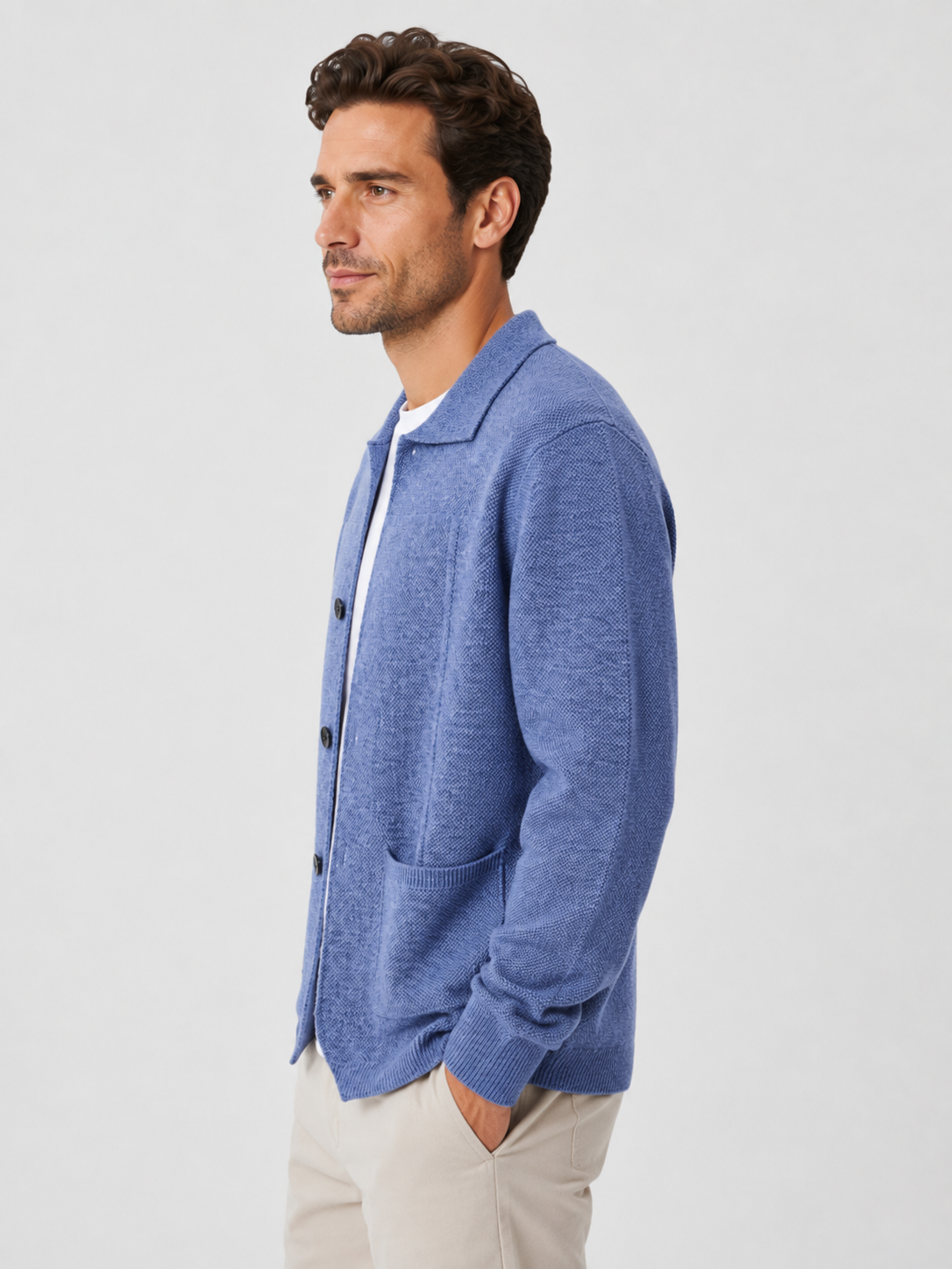 Men’s Knit Button Cardigan with Collar and Patch Pockets