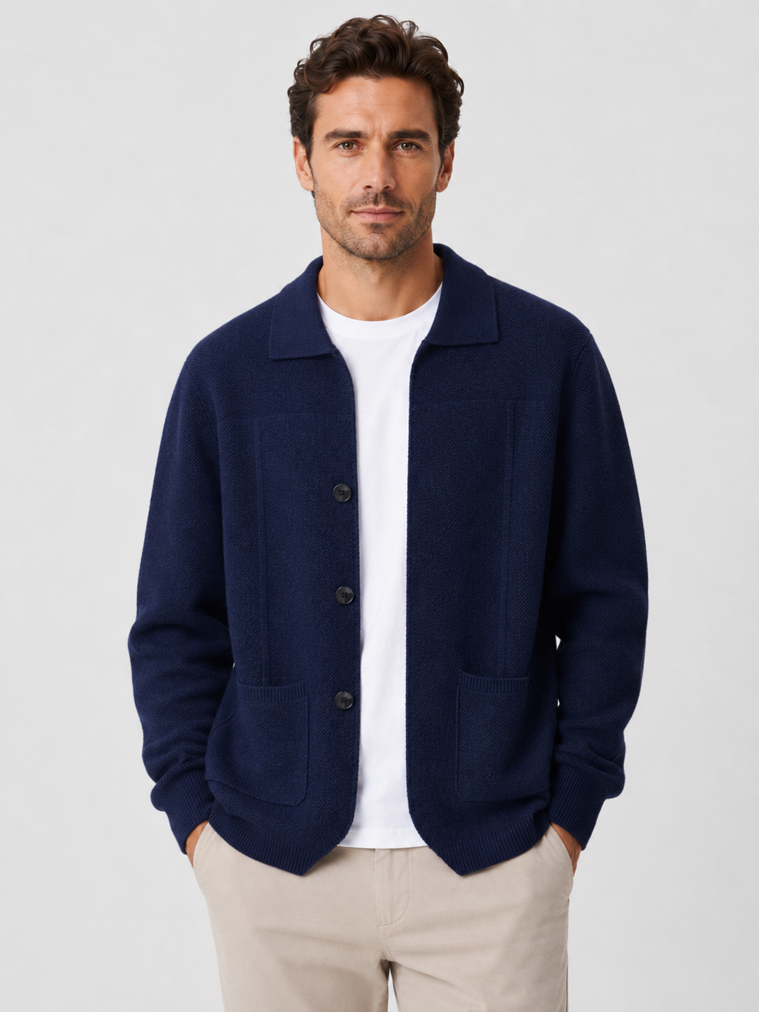 Men’s Knit Button Cardigan with Collar and Patch Pockets