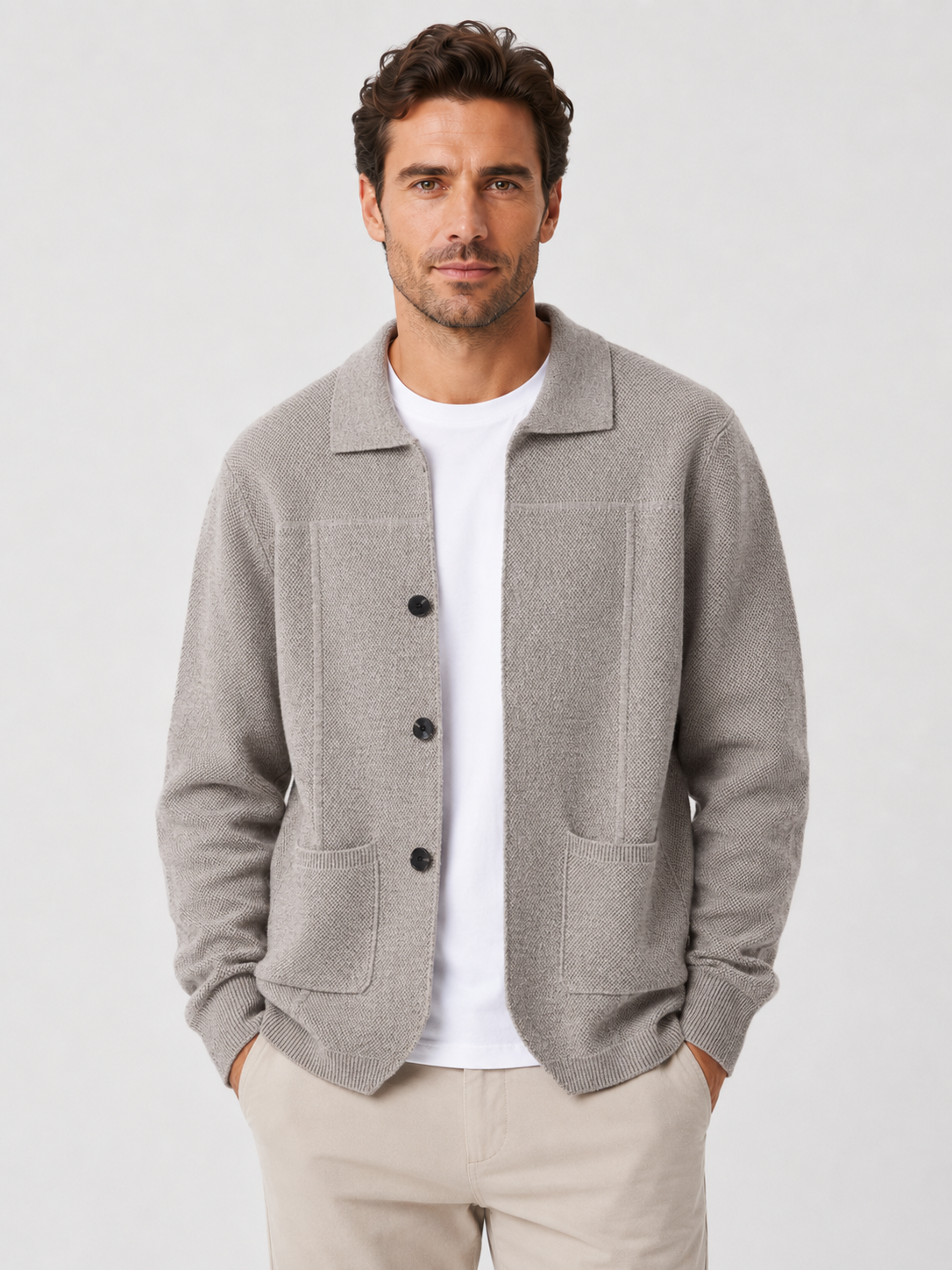 Men’s Knit Button Cardigan with Collar and Patch Pockets